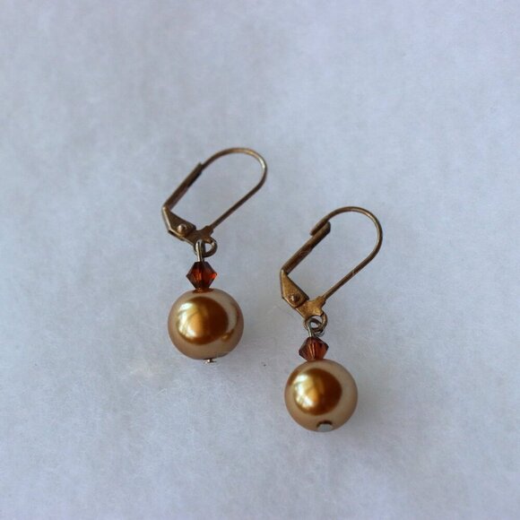Blush bronze pearl style beaded drop earrings, used good condition - Picture 1 of 5